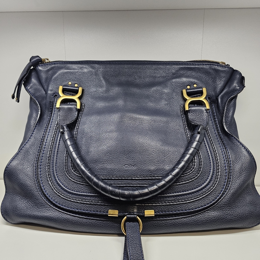 Chloé Marcie Navy Leather Shoulder Bag with Gold Hardware